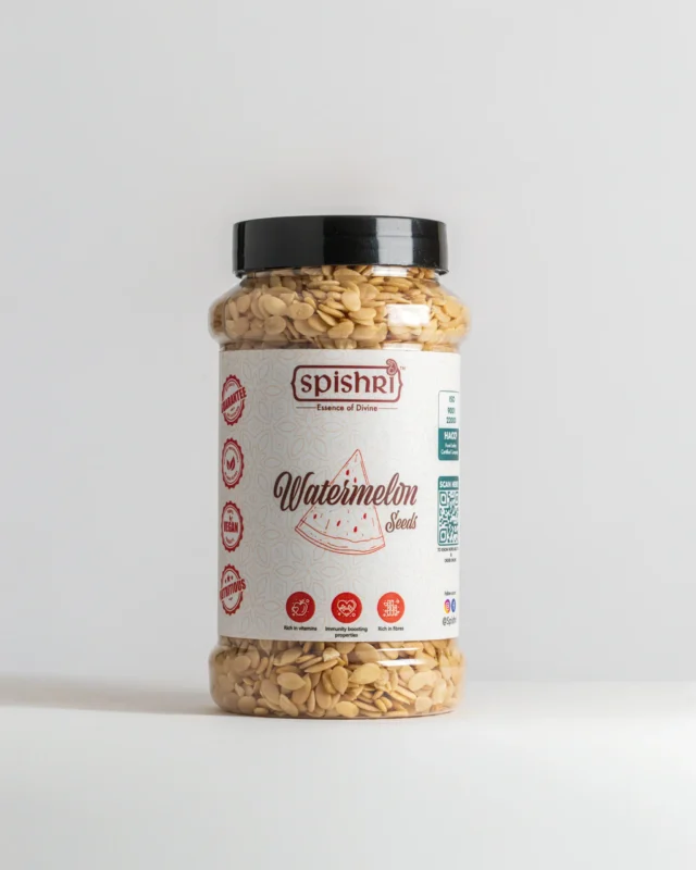 Spishri Watermelon Seeds – Hulled, soft, and protein-rich seeds perfect for satvik sweets, snacks, and fasting days.