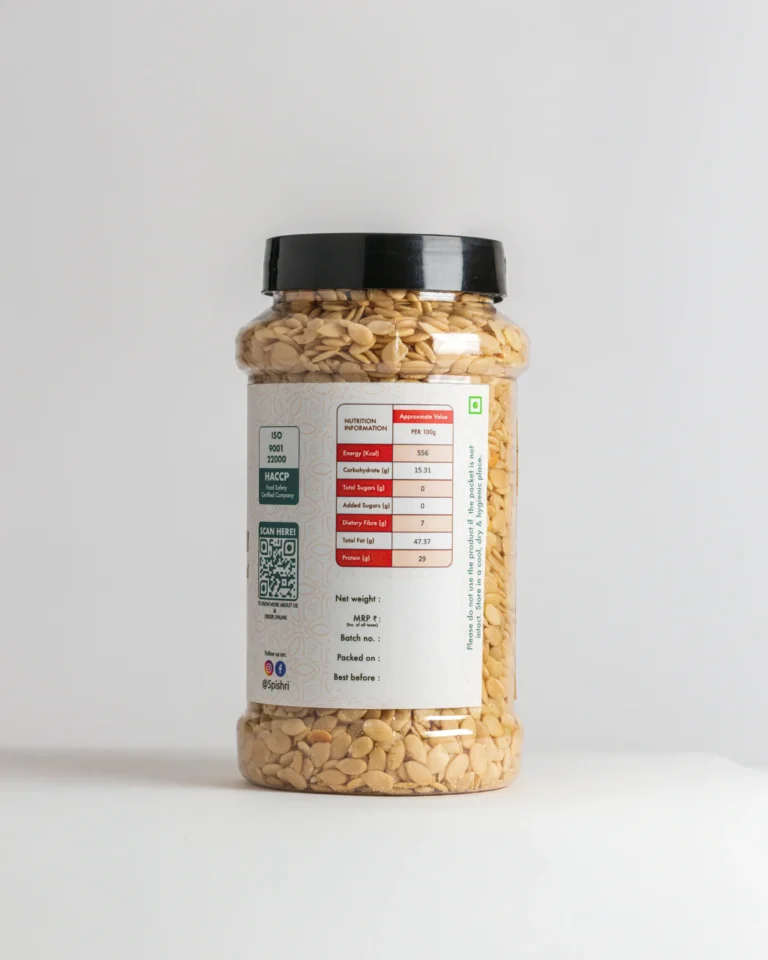 Spishri Watermelon Seeds – Hulled, soft, and protein-rich seeds perfect for satvik sweets, snacks, and fasting days.