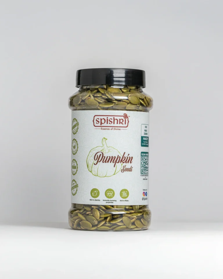 Spishri Pumpkin Seeds – Clean, shelled green seeds for snacks, salads, and satvik nourishment.