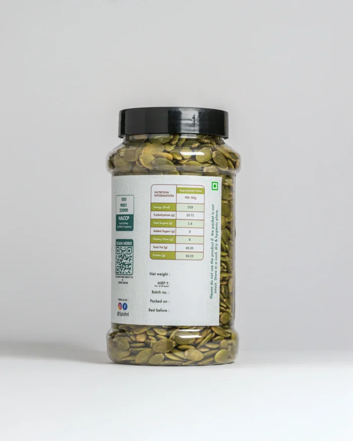 Spishri Pumpkin Seeds – Clean, shelled green seeds for snacks, salads, and satvik nourishment.