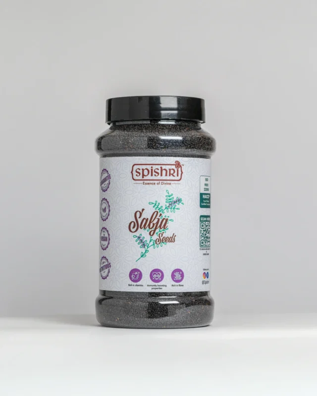 Spishri sabja Seeds – Clean, unpolished sabja seeds for falooda, lemon drinks, and digestion-friendly satvik recipes.
