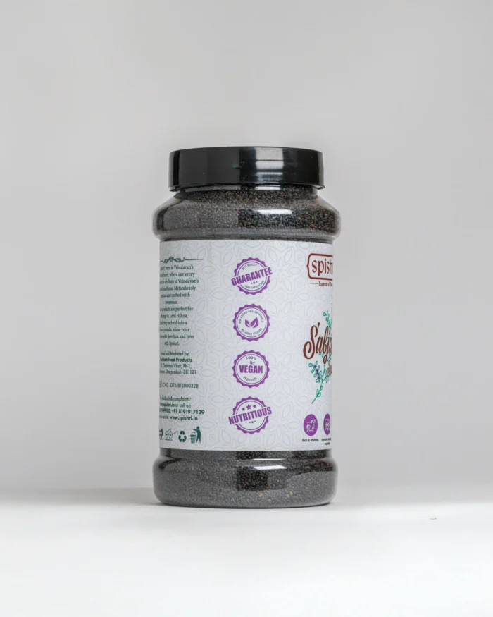 Spishri sabja Seeds – Clean, unpolished sabja seeds for falooda, lemon drinks, and digestion-friendly satvik recipes.