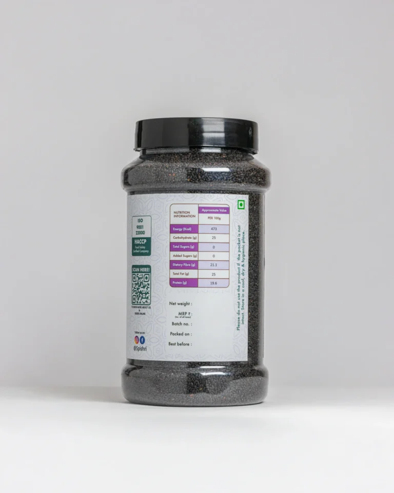 Spishri sabja Seeds – Clean, unpolished sabja seeds for falooda, lemon drinks, and digestion-friendly satvik recipes.