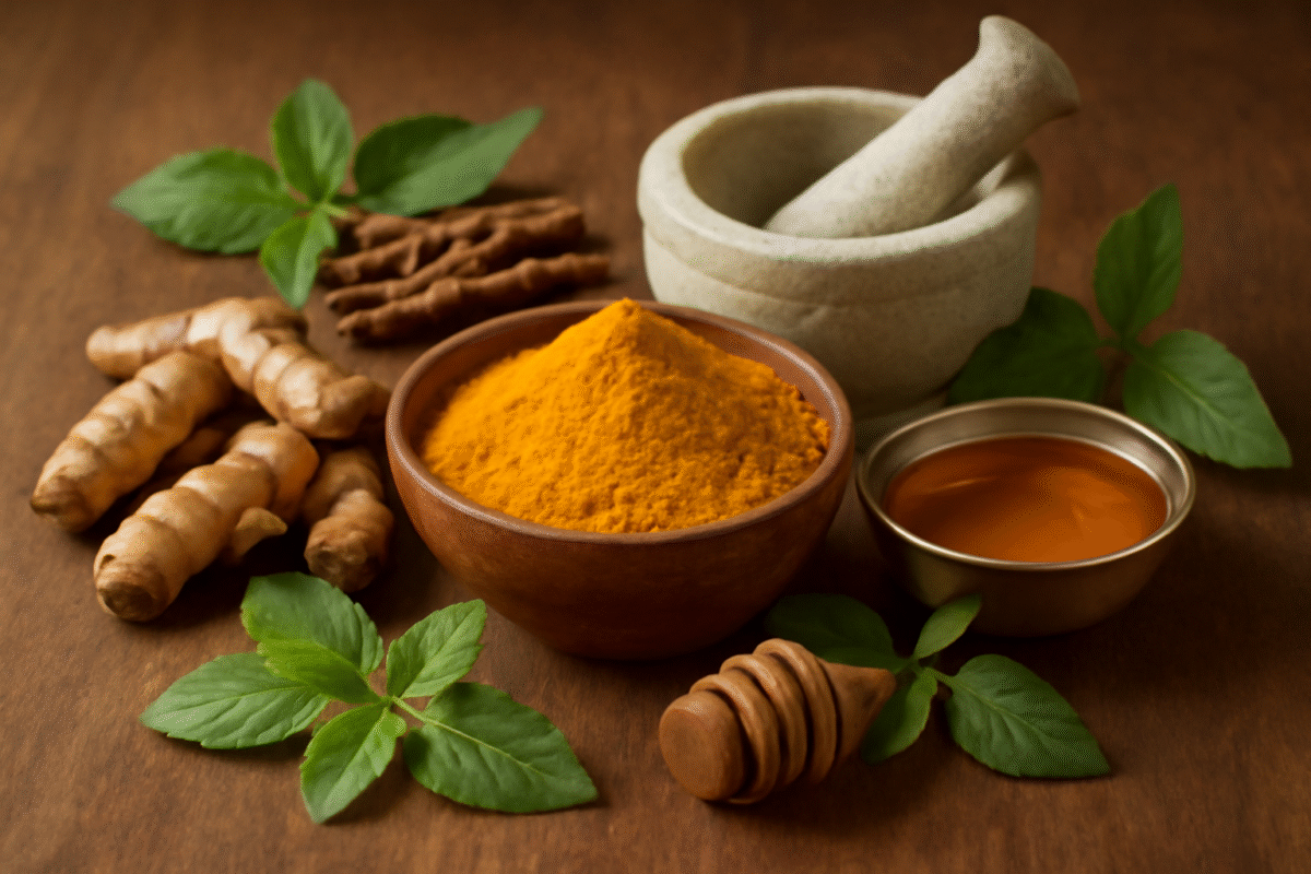 Top view of assorted Indian spices including turmeric powder, red chili powder, cumin seeds, dried red chilies, coriander seeds, cinnamon sticks, bay leaves, cardamom, black cardamom, dry turmeric roots, fenugreek seeds, and curry leaves arranged on a black background with silver spoons – representing the essence of traditional Satvik cooking