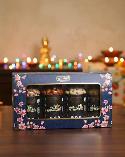 Best Diwali gift under 1500 – Spishri Premium Dry Fruits Gift Pack with Almonds, Cashews, Pistachios, and Raisins in elegant blue floral box, perfect for festive gifting.