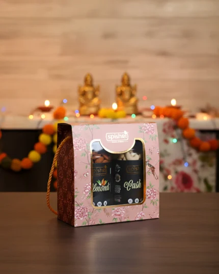 Best Diwali gift hamper under 1000 – Spishri Premium Dry Fruits Gift Pack with Almonds, Cashews, Pistachios, and Raisins in elegant blue floral box, perfect for festive gifting.