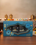 Best Diwali gift under 1500 – Spishri Premium Dry Fruits Gift Pack with Almonds, Cashews, Pistachios, and Raisins in elegant blue floral box, perfect for festive gifting.