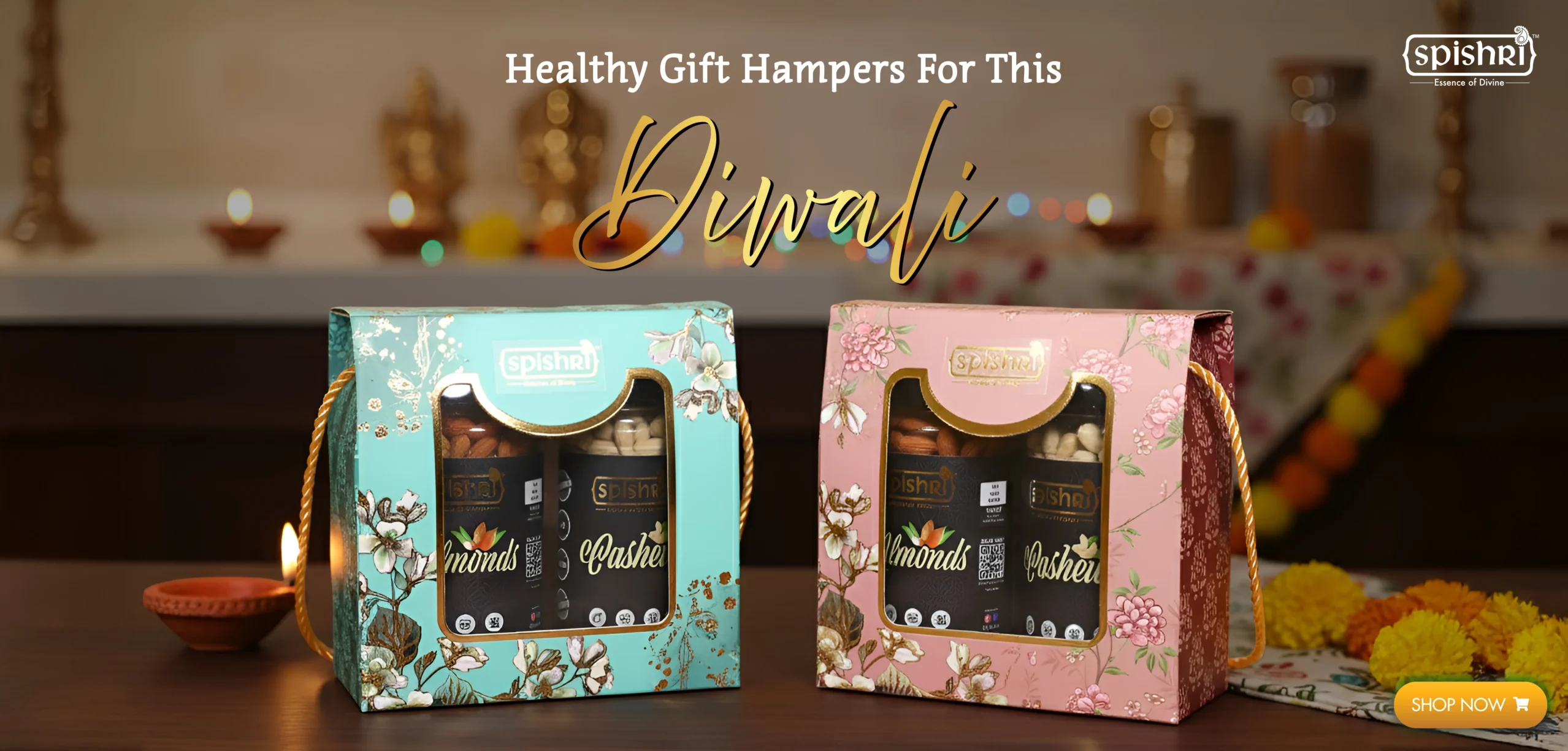 Best Diwali gift hamper under – Spishri Premium Dry Fruits Gift Pack with Almonds, Cashews, Pistachios, and Raisins in elegant blue floral box, perfect for festive gifting.