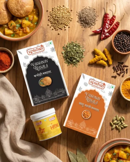 Braj Ki Subah Combo by Spishri containing Kachori Masala 100gm, Aloo Sabzi Masala 100gm and Hing 50gm, Satvik no onion no garlic spice combo freshly packed in Vrindavan.