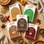 Spishri North Indian Feast Combo with Dal Makhani Masala, Dal Tadka Masala, Sabzi Masala, Rajmah Masala and Chana Masala jars displayed together.
