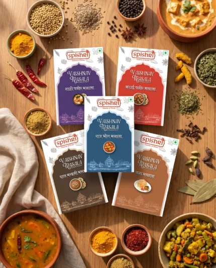 Buy Spishri Shahi Rasoi Collection online. A premium Satvik combo featuring Dal Makhani, Shahi Paneer, Kadhai Paneer, Rajbhog & Chana Masala made without onion and garlic. Perfect for authentic Indian cooking.
