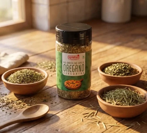 Spishri without onion garlic oregano seasoning jar with bowls of dry herbs on a wooden countertop