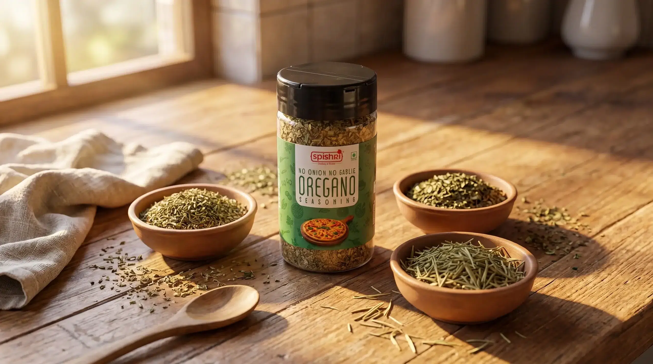 Spishri without onion garlic oregano seasoning jar with bowls of dry herbs on a wooden countertop